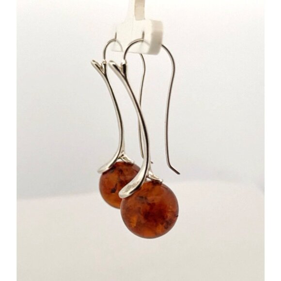 Estate Sterling Silver 925 Amber Ball Drop Dangle Earrings Modern Art Deco 6.5g - Picture 4 of 8